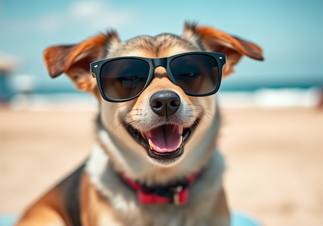 A happy dog wearing stylish sunglasses outdoors on a sunny day.