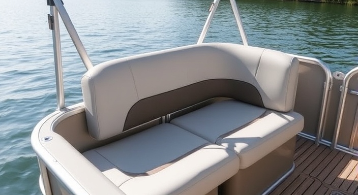 A comfortable and stylish pontoon boat bench seat with premium upholstery.