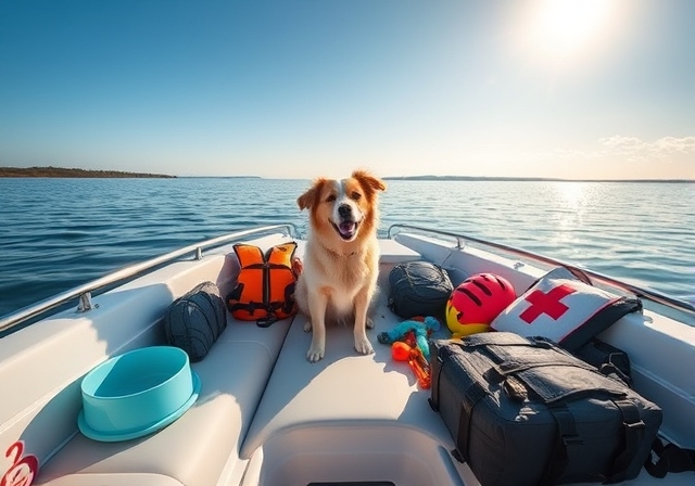 A checklist of 12 essential items for a dog-friendly boating vacation, featuring a dog on a boat with packed gear.