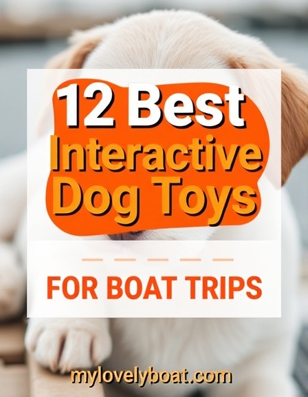 A collection of interactive dog toys perfect for boat trips, floating on water with a happy dog.